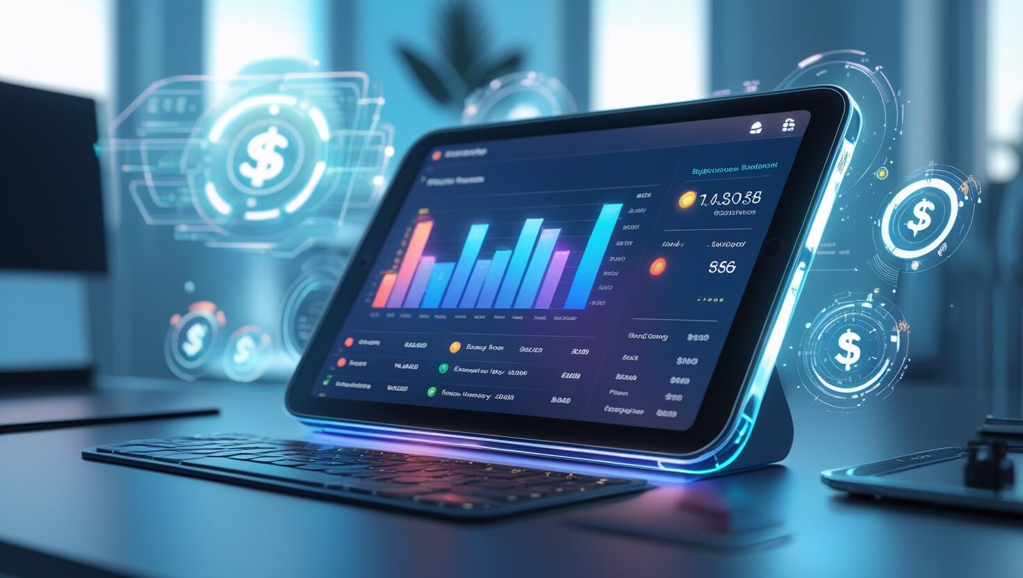 Futuristic AI budgeting tool dashboard with financial charts